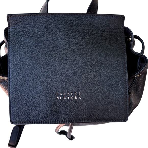 Barneys New York Black Leather Backpack Drawstring Flap Gold Hardware Lettering - Picture 7 of 10